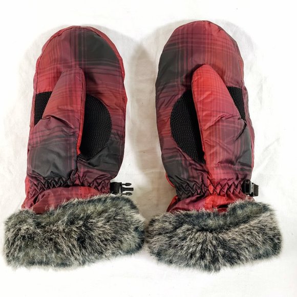 Eddie Bauer Lodge Down Mittens Medium Red and Black Plaid w Faux Fur Trim - Picture 2 of 3